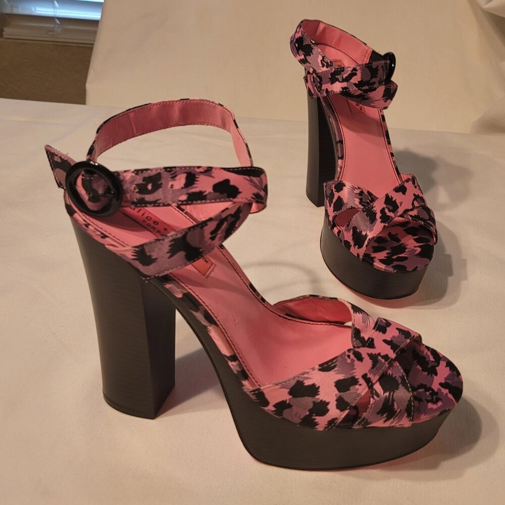 Pink Leopard Print Platform Block Heels with Ankle Strap